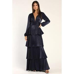 Lulus Tier For Love Navy Blue Satin Long Sleeve Tiered Maxi Dress - Size S